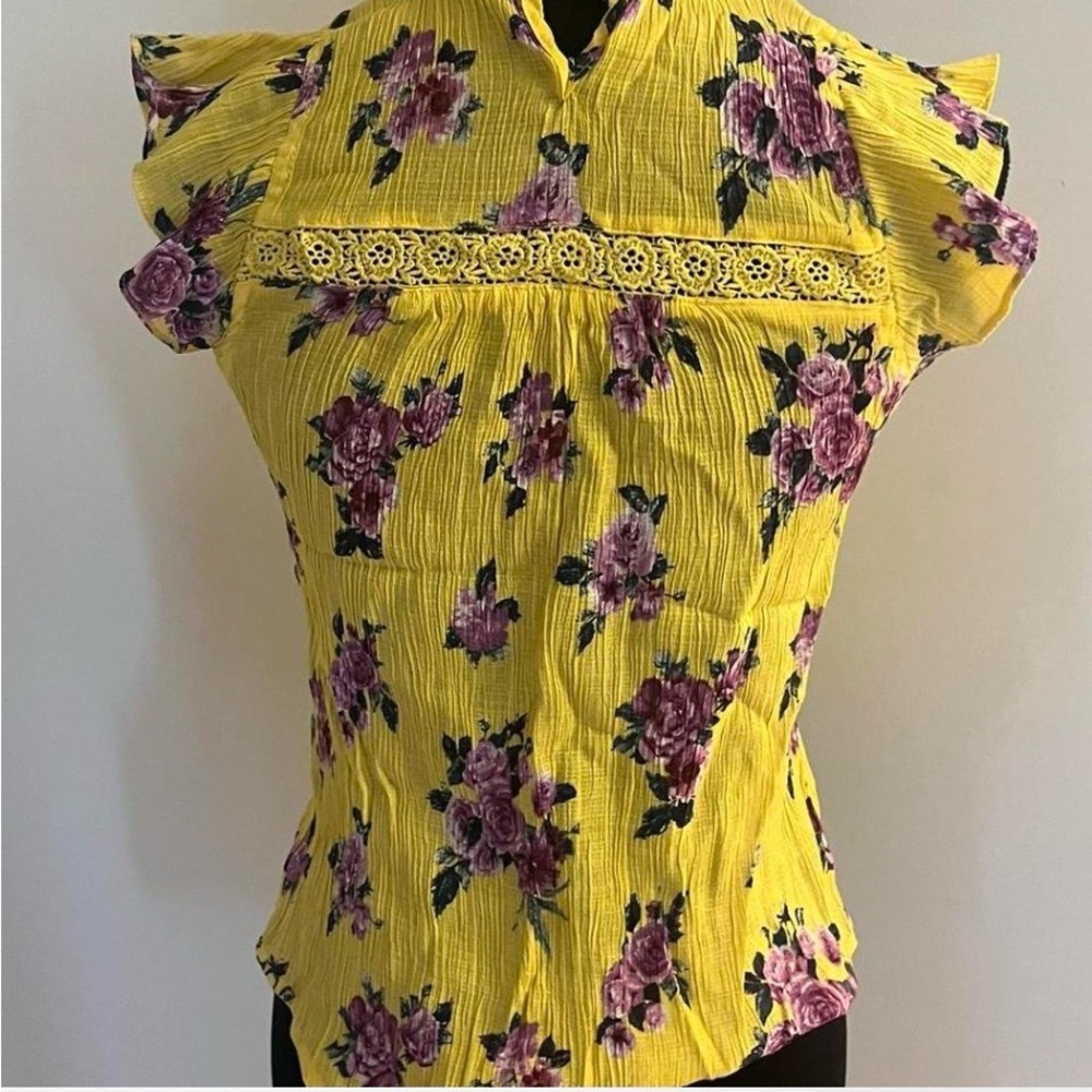 Elegant Yellow Floral Blouse with Purple Accents